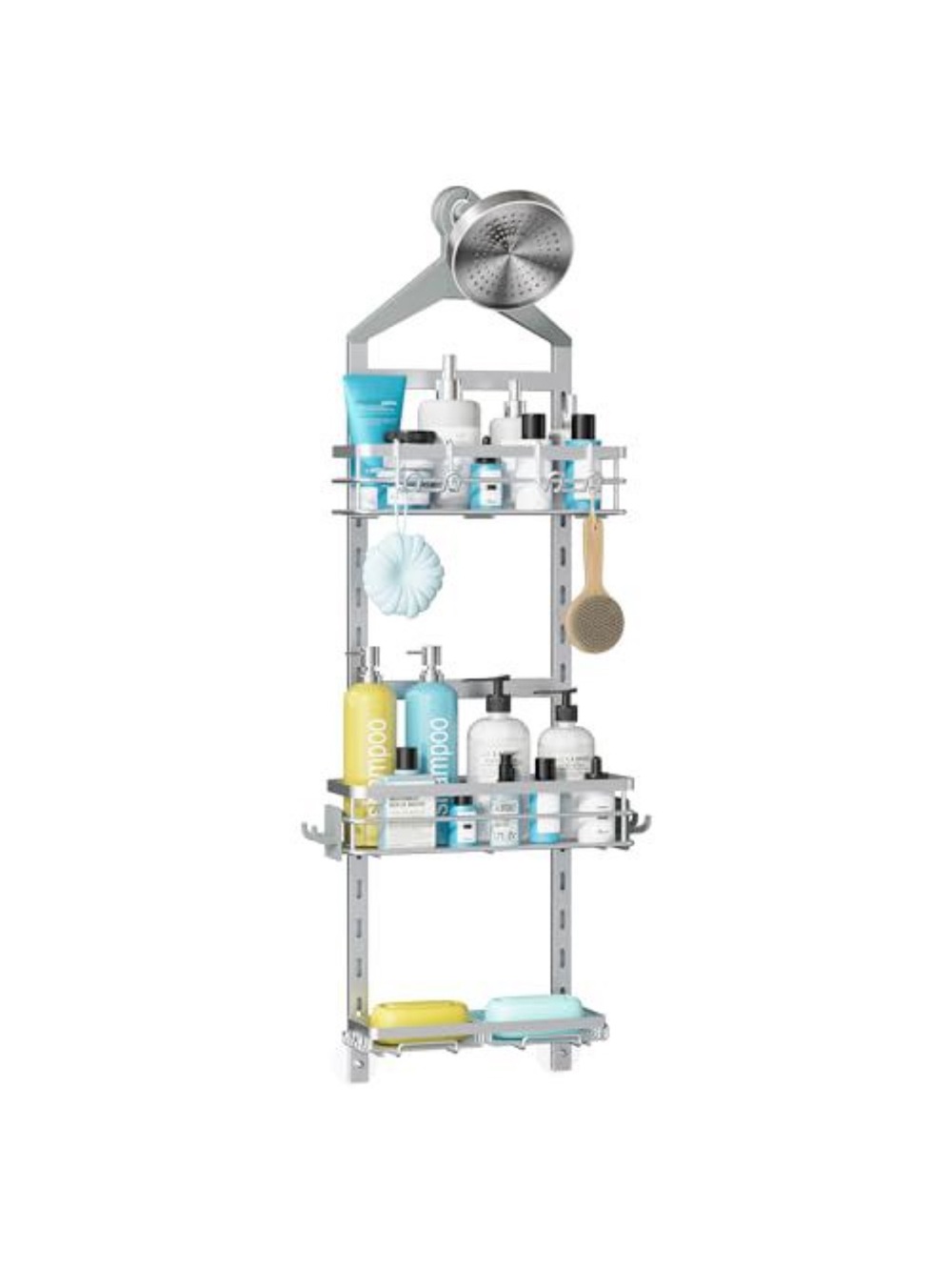 Silver Over-Shower Caddy Organizer with Blue and Yellow Accents